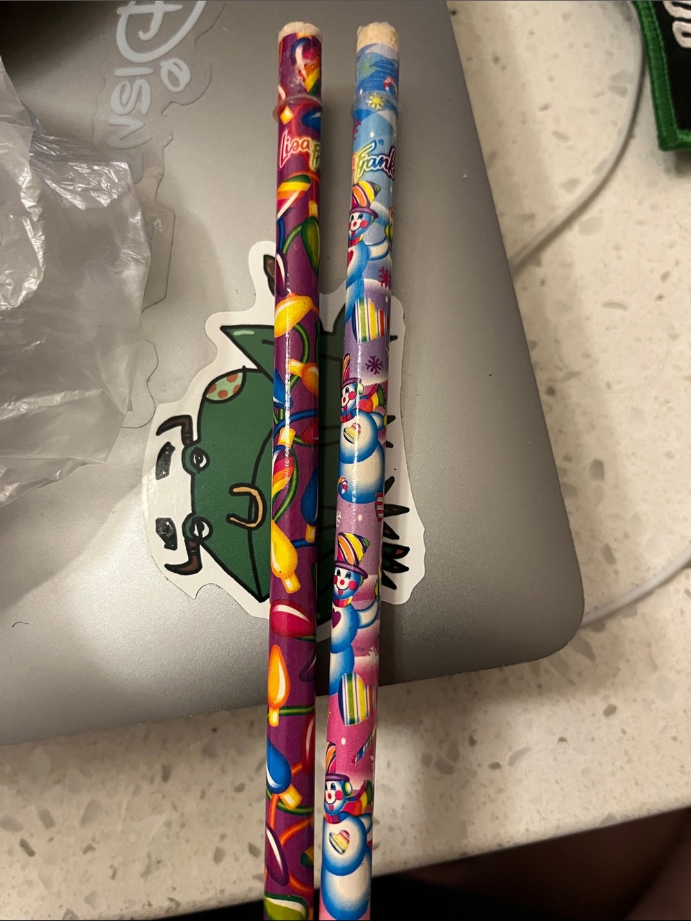 Lisa Frank snowman and Christmas lights pencils